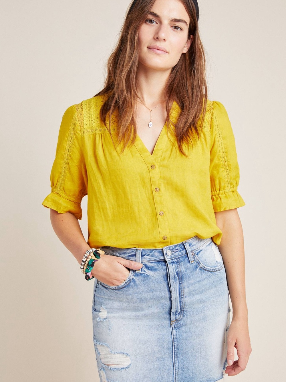 Maeve Anthropologie Magritte Linen Lace Buttondown Yellow Boho Cottagecore Sz 10